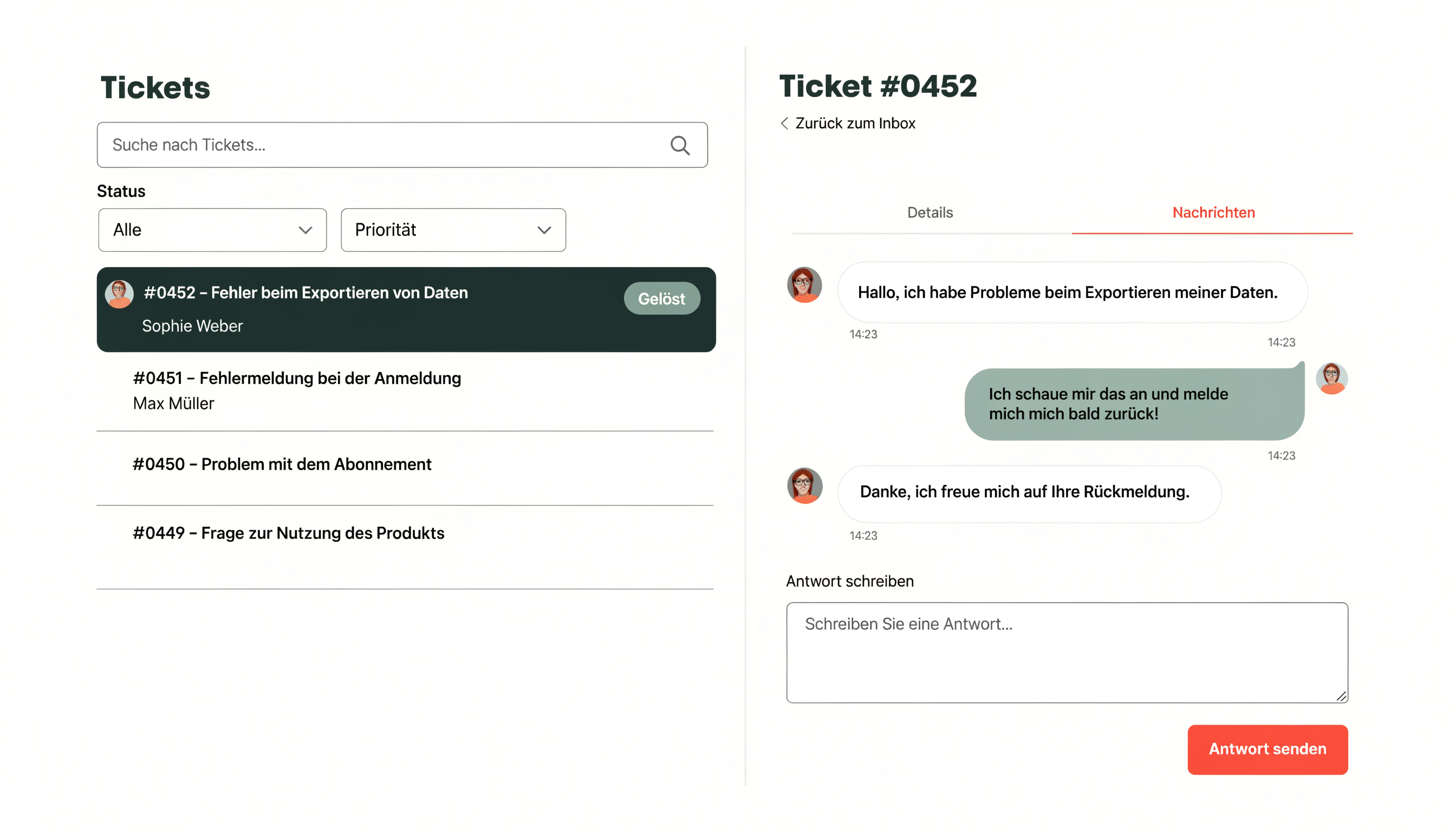 Support-Inbox von 1stlevel.tech mit offenen und erledigten Tickets